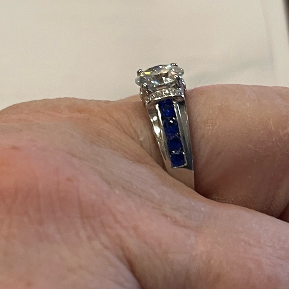 2 ct MOISSANITE & Sapphires 3x Rhodium Sterling Engagement/Ring! - Picture 7 of 13